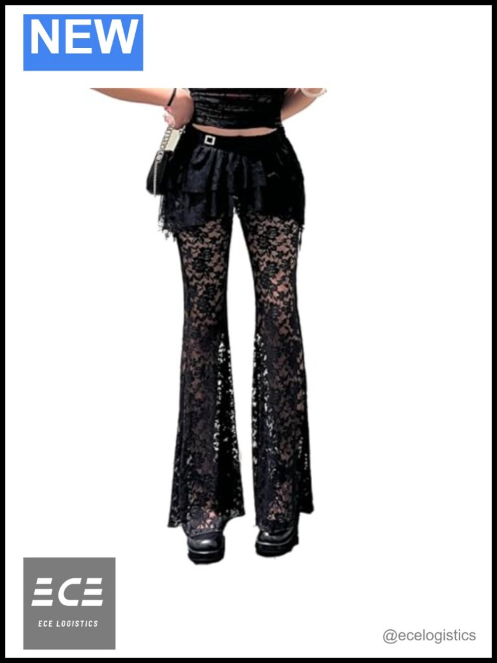 Women Gothic Lace Bell Bottom Flared Pants High Waisted Wide Leg